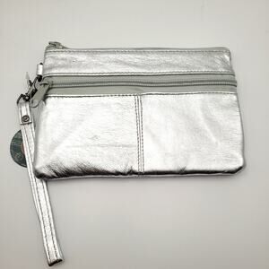 Silver Leather Wristlet Clutch Pouch Zip Top Minimalist Soft Metallic NWT Small